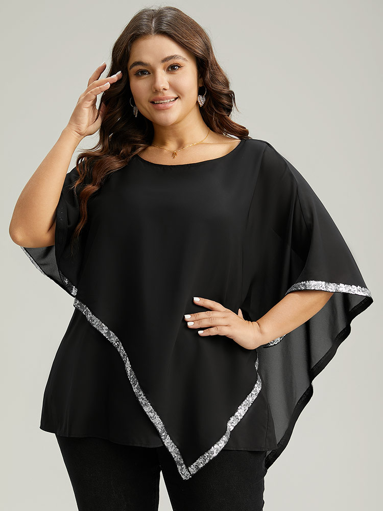 Plus Size Black Sequin Patchwork Asymmetrical Dolman Sleeve Blouse Women Glamour Half Sleeve Round Neck Festival-Christmas Blouses BloomChic 10/M 