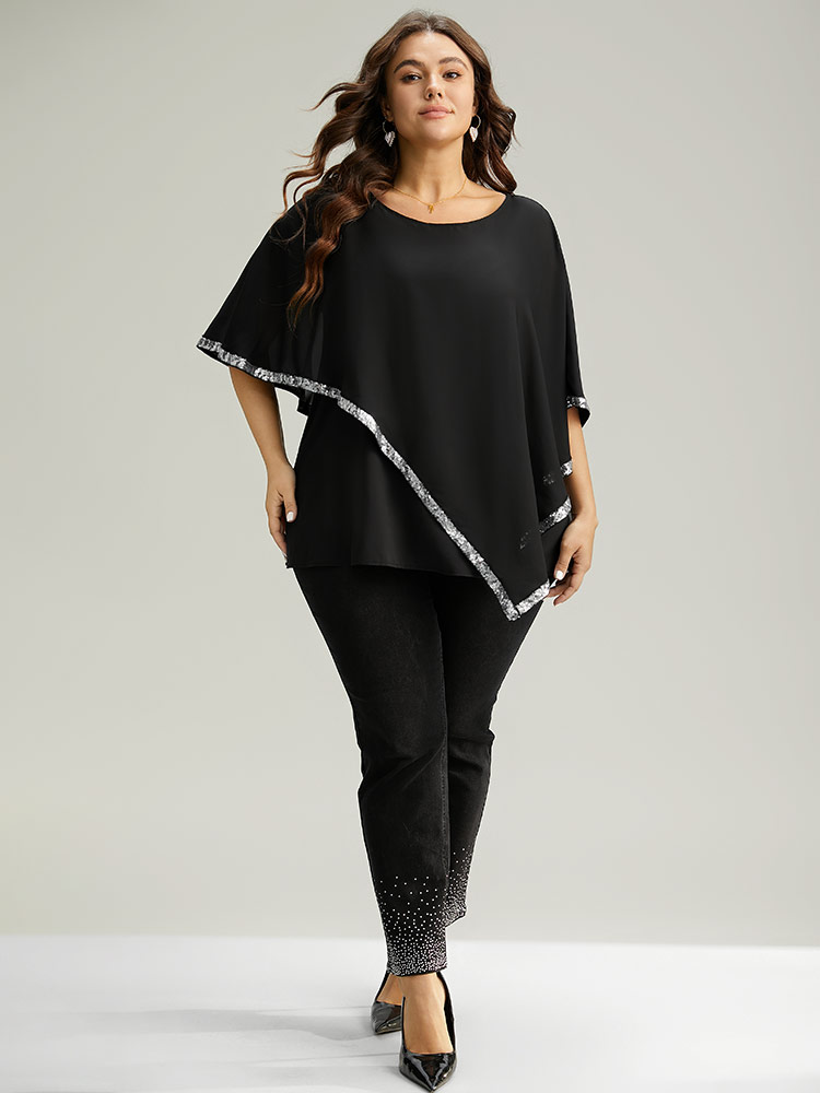 Plus Size Black Sequin Patchwork Asymmetrical Dolman Sleeve Blouse Women Glamour Half Sleeve Round Neck Festival-Christmas Blouses BloomChic 10/M 