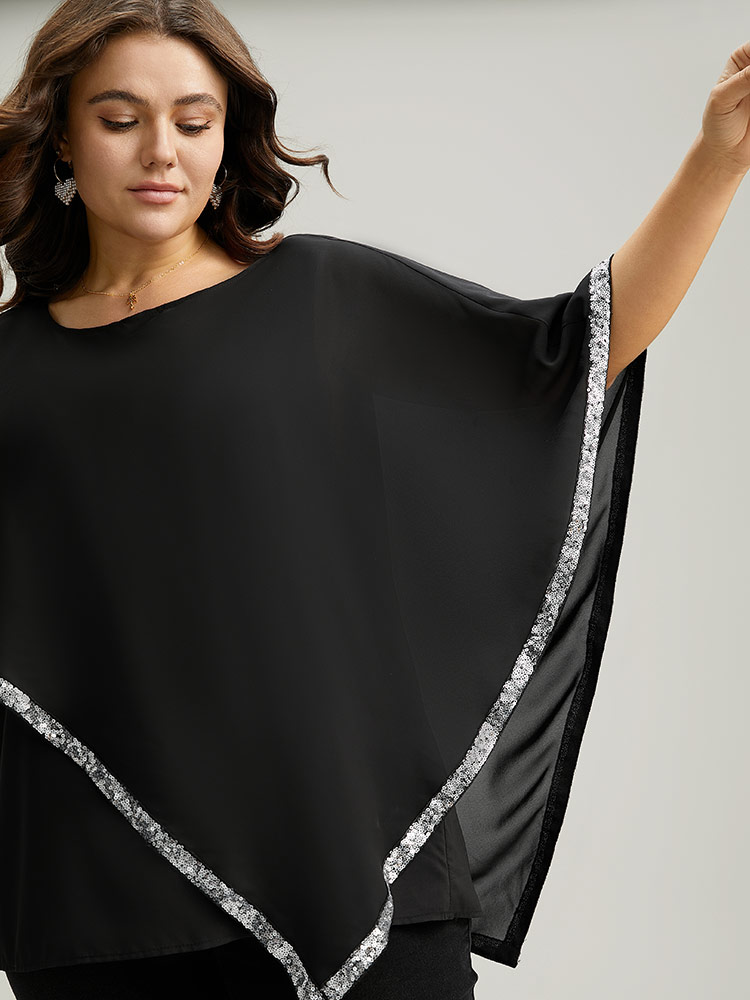 Plus Size Black Sequin Patchwork Asymmetrical Dolman Sleeve Blouse Women Glamour Half Sleeve Round Neck Festival-Christmas Blouses BloomChic 10/M 