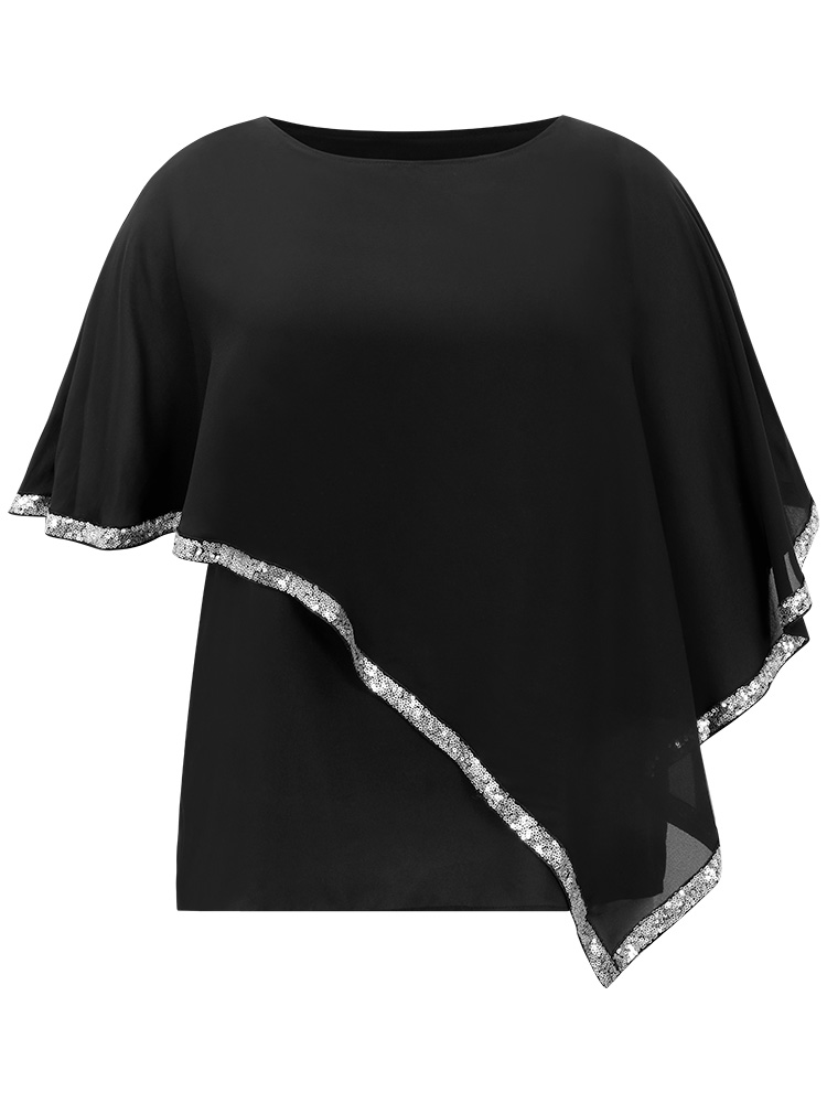 Plus Size Black Sequin Patchwork Asymmetrical Dolman Sleeve Blouse Women Glamour Half Sleeve Round Neck Festival-Christmas Blouses BloomChic 10/M 