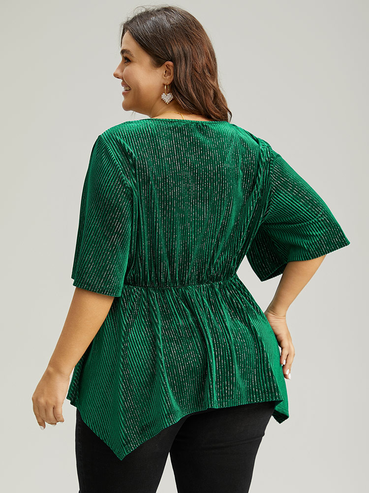 

Plus Size DarkGreen Velvet Elastic Waist Ruffle Sleeve Hanky Hem Blouse Women Glamour Short sleeve V-neck Festival-Christmas Blouses BloomChic