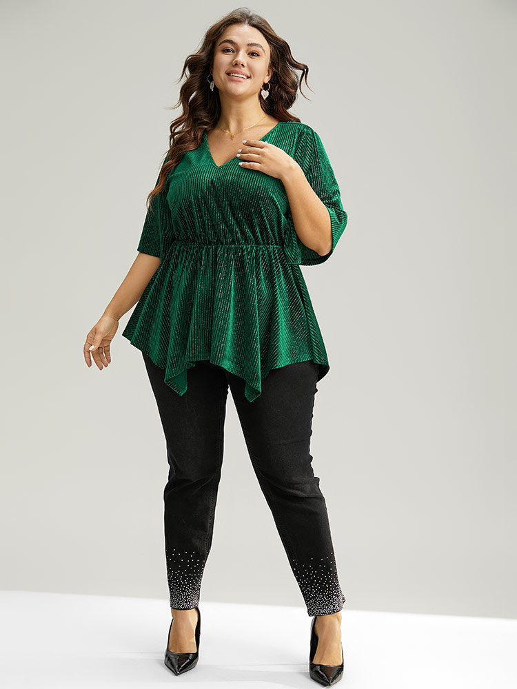Plus Size DarkGreen Velvet Elastic Waist Ruffle Sleeve Hanky Hem Blouse Women Glamour Short sleeve V-neck Festival-Christmas Blouses BloomChic 30/6X 