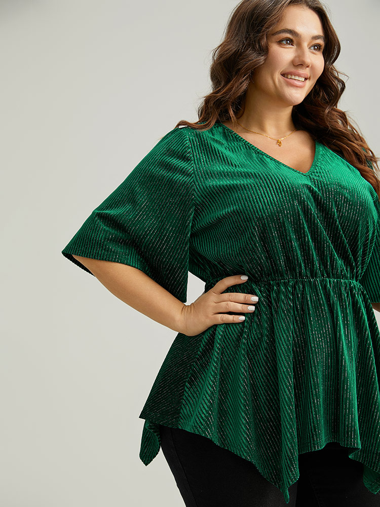 Plus Size DarkGreen Velvet Elastic Waist Ruffle Sleeve Hanky Hem Blouse Women Glamour Short sleeve V-neck Festival-Christmas Blouses BloomChic 30/6X 