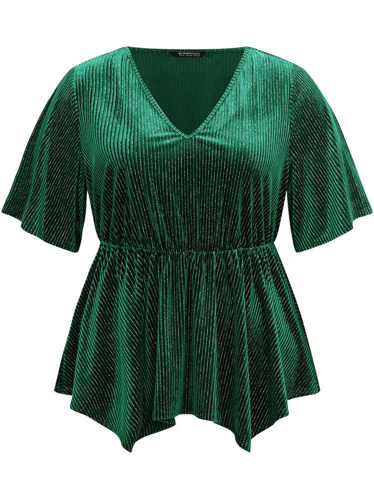 Plus Size DarkGreen Velvet Elastic Waist Ruffle Sleeve Hanky Hem Blouse Women Glamour Short sleeve V-neck Festival-Christmas Blouses BloomChic 30/6X 