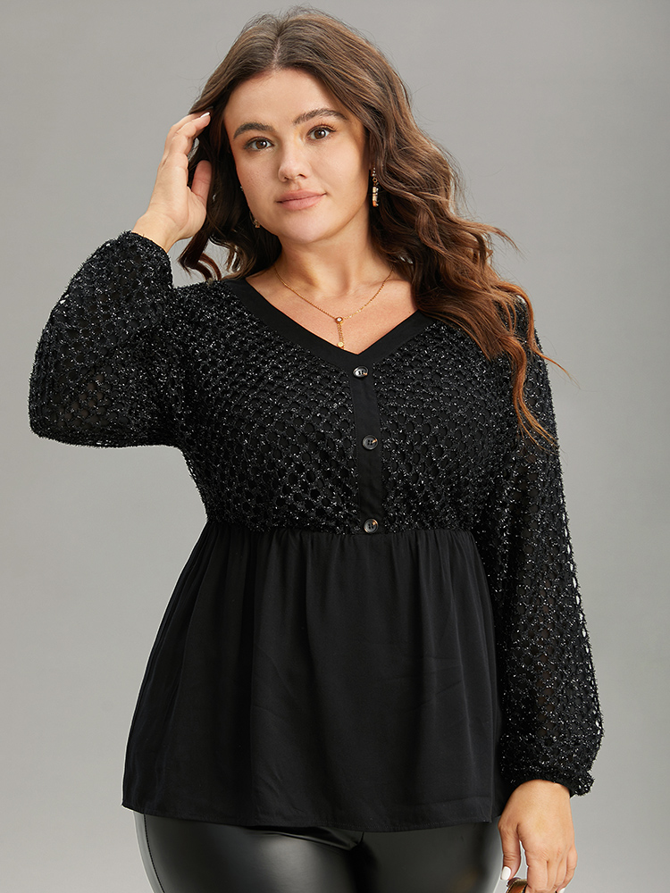 

Plus Size Black Glitter Mesh Patchwork Lantern Sleeve Blouse Women Glamour Long Sleeve V-neck Festival-Christmas Blouses BloomChic