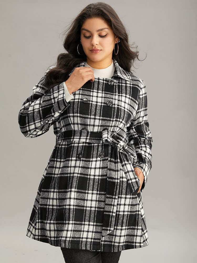 

Plus Size Plaid Belted Pocket Double Breasted Coat Women Black Casual Lined Ladies Dailywear Winter Coats BloomChic