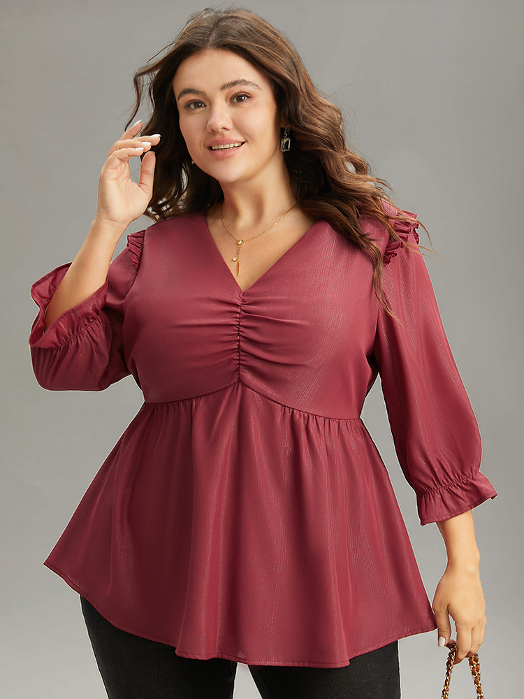 

Plus Size Scarlet Solid Frill Trim Ruched Elastic Waist Blouse Women Glamour Elbow-length sleeve V-neck Festival-Christmas Blouses BloomChic