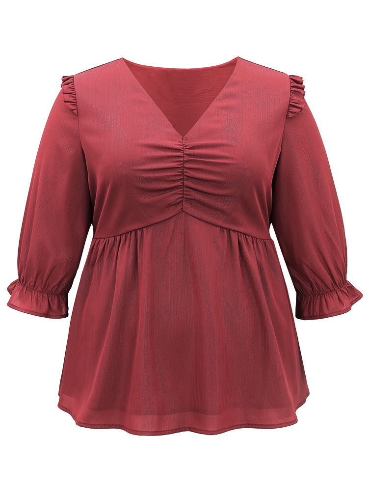 

Plus Size Scarlet Solid Frill Trim Ruched Elastic Waist Blouse Women Glamour Elbow-length sleeve V-neck Festival-Christmas Blouses BloomChic