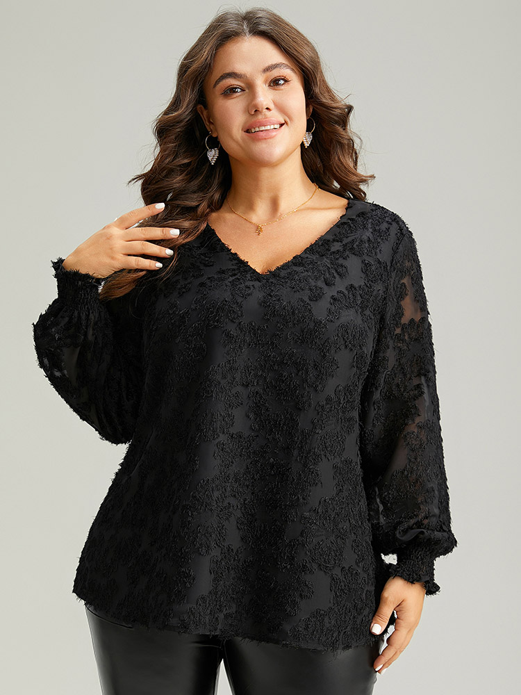 

Plus Size Black Plain Appliques Mesh V Neck Shirred Blouse Women Glamour Long Sleeve V-neck Festival-Christmas Blouses BloomChic