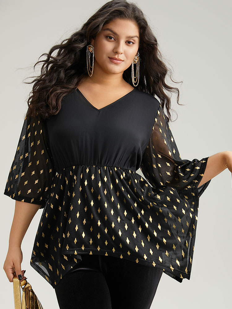 

Plus Size Black Glitter Patchwork Mesh Hanky Hem Blouse Women Glamour Elbow-length sleeve V-neck Festival-Christmas Blouses BloomChic