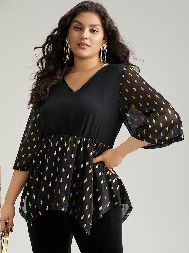 

Plus Size Black Glitter Patchwork Mesh Hanky Hem Blouse Women Glamour Elbow-length sleeve V-neck Festival-Christmas Blouses BloomChic