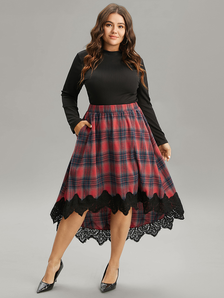 

Plus Size Plaid Lace Panel Pocket High Low Hem Skirt Women Scarlet Elegant Patchwork No stretch Pocket Festival-Christmas Skirts BloomChic