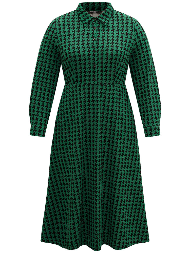 

Plus Size Houndstooth Pocket Button Up Elastic Waist Dress DarkGreen Women Printed Shirt collar Long Sleeve Curvy Midi Dress BloomChic