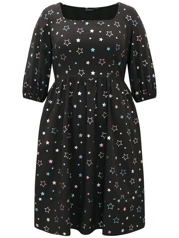 

Plus Size Heart Glitter Square Neck Lantern Sleeve Dress Black Women Cocktail Elastic cuffs Square Neck Half Sleeve Curvy Midi Dress BloomChic