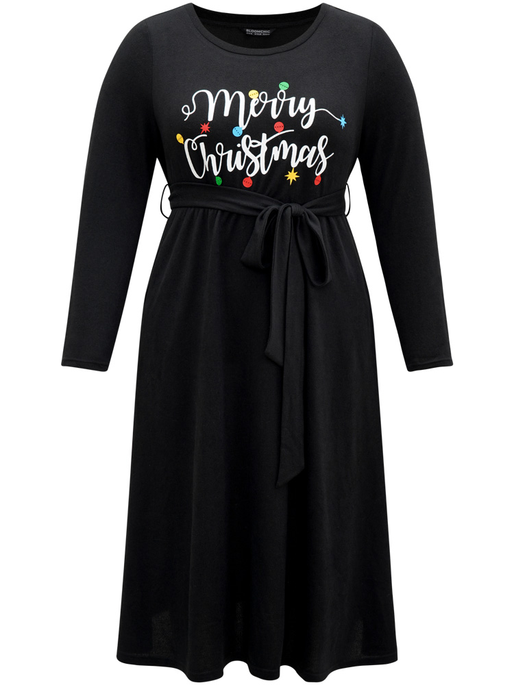 

Plus Size Christmas Letter Print Elastic Waist Belted Dress Black Women Office Belted Curvy Midi Dress BloomChic