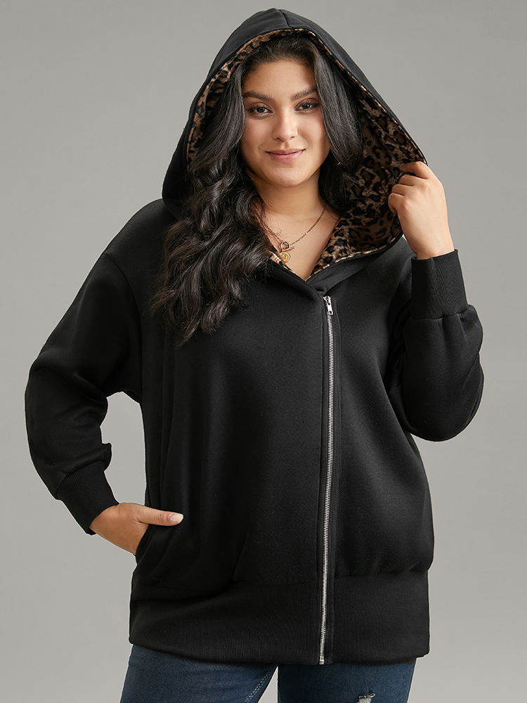 Plus Size Leopard Patchwork Zipper Hooded Jacket Women Black Contrast Pocket Dailywear Jackets BloomChic 18-20/2X 