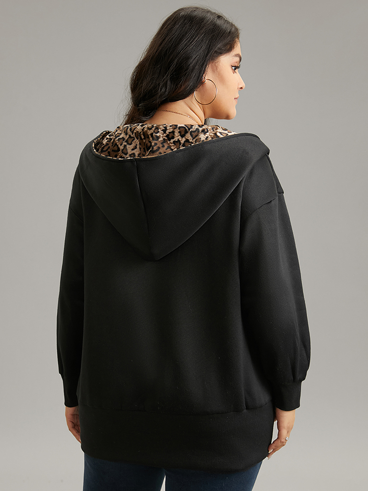 Plus Size Leopard Patchwork Zipper Hooded Jacket Women Black Contrast Pocket Dailywear Jackets BloomChic 18-20/2X 