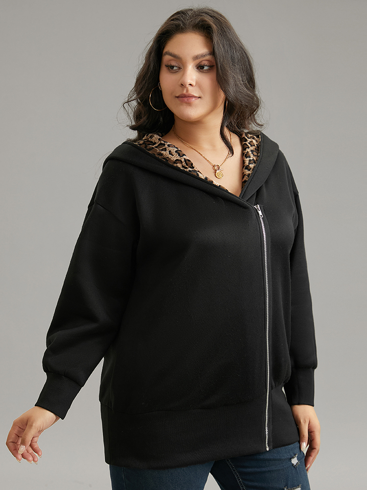 Plus Size Leopard Patchwork Zipper Hooded Jacket Women Black Contrast Pocket Dailywear Jackets BloomChic 18-20/2X 