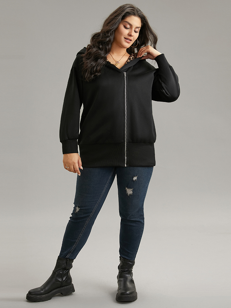 Plus Size Leopard Patchwork Zipper Hooded Jacket Women Black Contrast Pocket Dailywear Jackets BloomChic 18-20/2X 