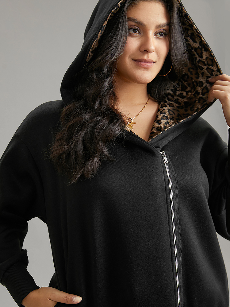 Plus Size Leopard Patchwork Zipper Hooded Jacket Women Black Contrast Pocket Dailywear Jackets BloomChic 18-20/2X 