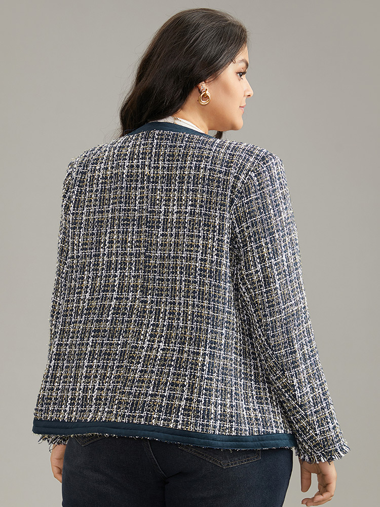 

Plus Size Tweed Patchwork Contrast Pocket Jacket Women Indigo Texture Pocket Work Jackets BloomChic