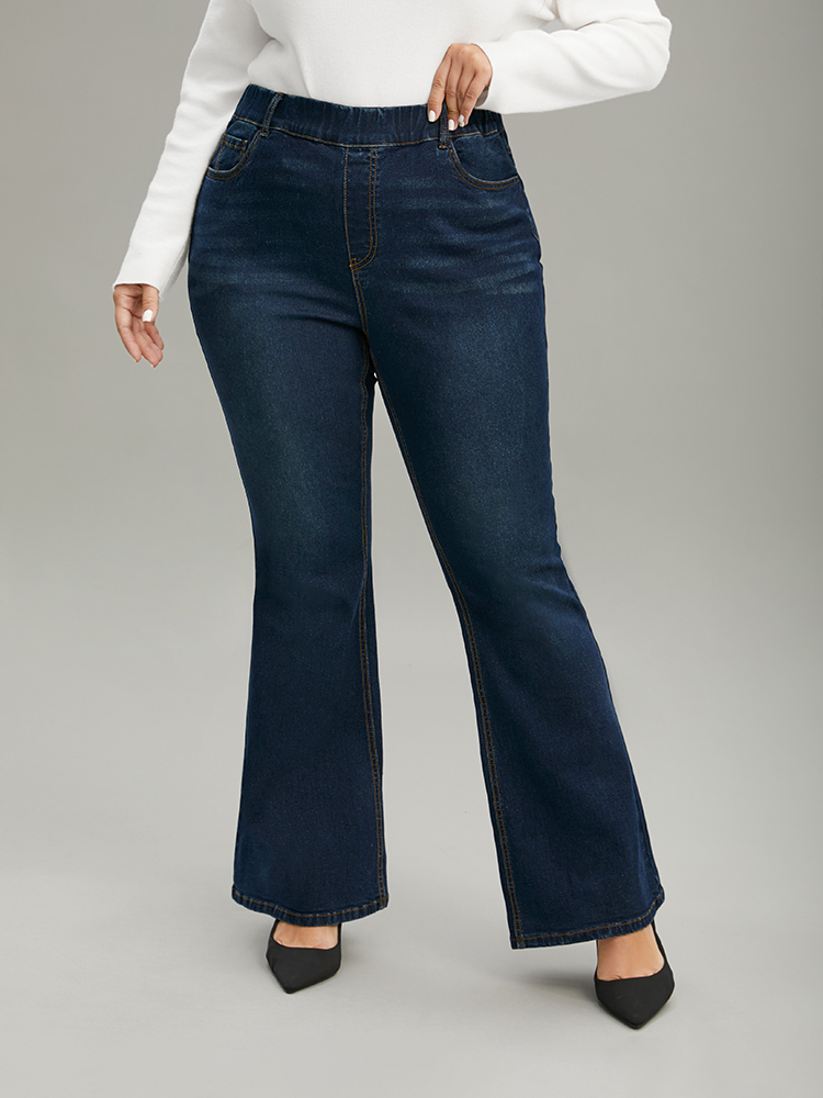 

Plus Size Plain Flare Leg High Rise Full Length Jeans Women Indigo Casual Plain Non High stretch Slanted pocket Jeans BloomChic