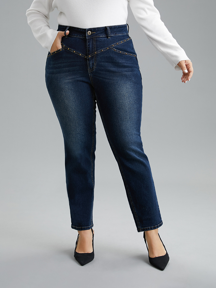 Plus Size Women Dailywear Beaded High stretch Straight Leg Dark Wash Casual Jeans BloomChic 