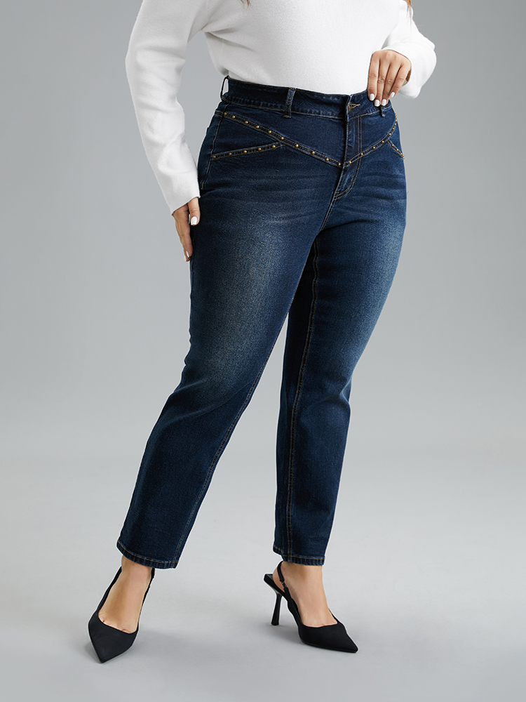 Plus Size Women Dailywear Beaded High stretch Straight Leg Dark Wash Casual Jeans BloomChic 