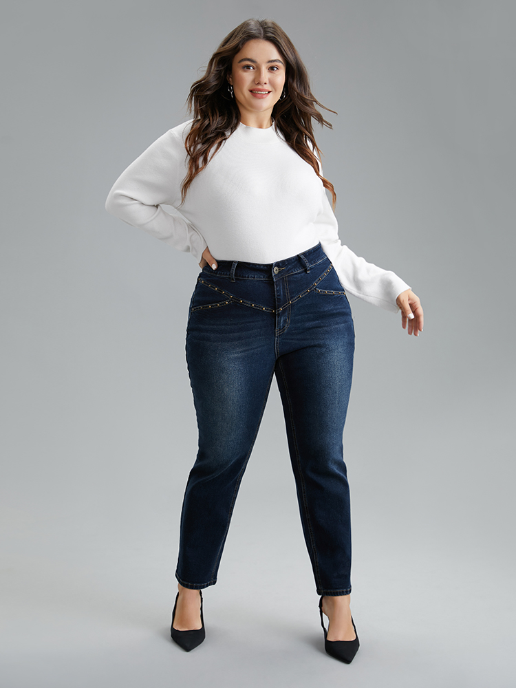 Plus Size Women Dailywear Beaded High stretch Straight Leg Dark Wash Casual Jeans BloomChic 