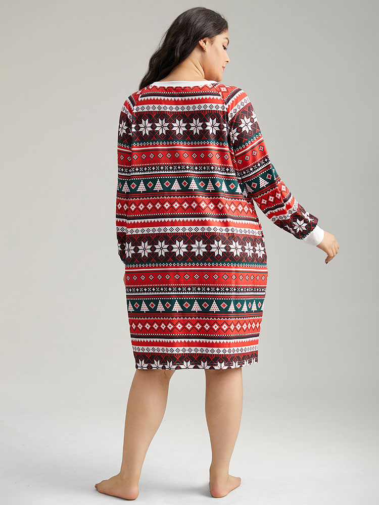 

Plus Size Geometric Sleep Raglan Sleeve Button Up Dress Red Long Sleeve Open Front Casual Festival-Christmas  Bloomchic