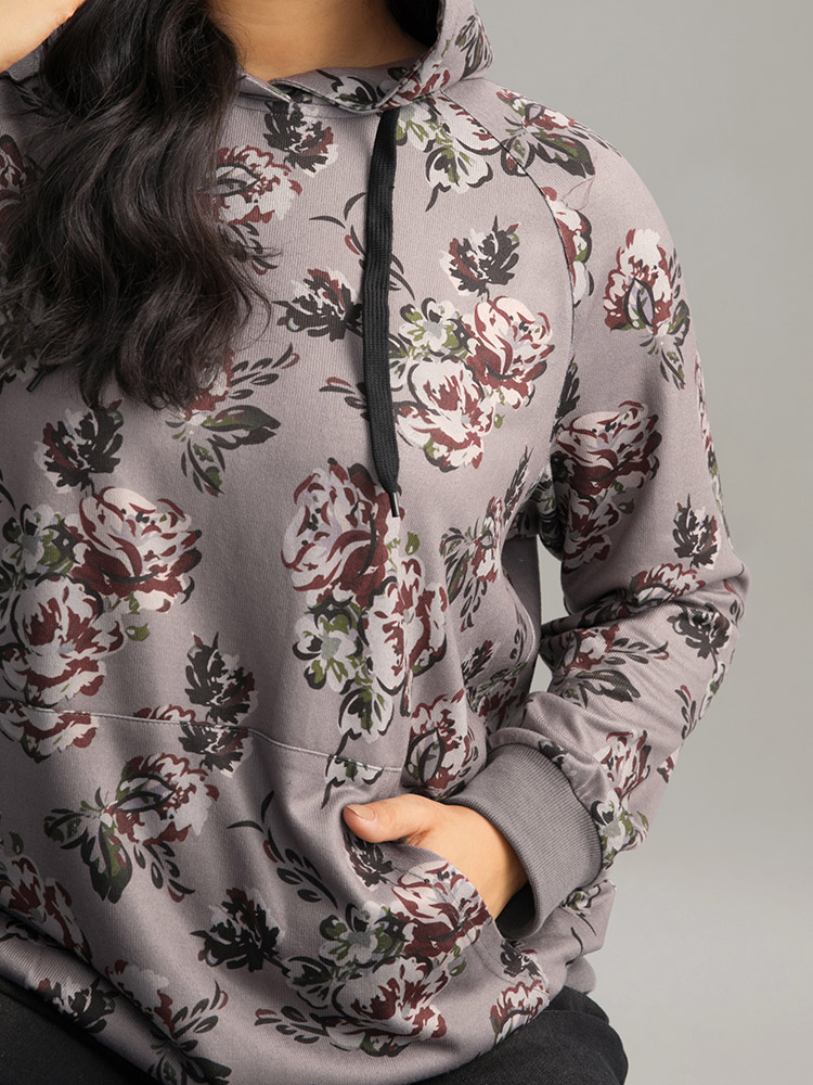 

Plus Size Floral Drawstring Hooded Kangaroo Pocket Sweatshirt Women Gray Elegant Printed Hooded Dailywear Sweatshirts BloomChic