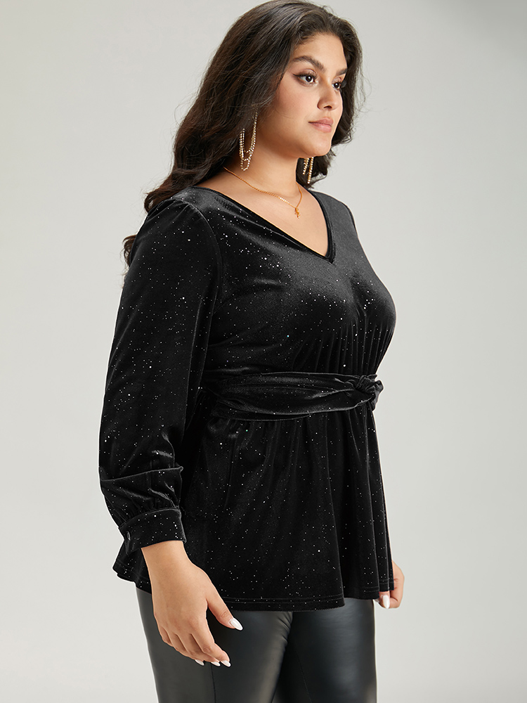 

Plus Size Black Glitter Sequin Velvet Twist Front V Neck Blouse Women Cocktail Long Sleeve V-neck Party Blouses BloomChic