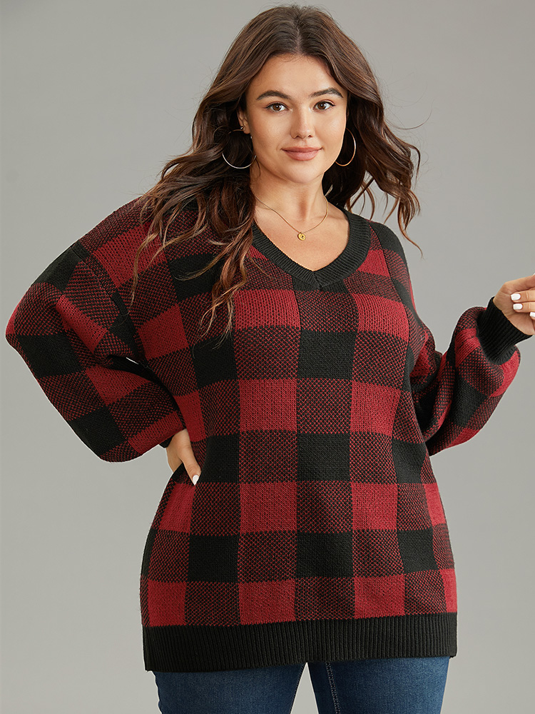 

Plus Size V Neck Plaid Elastic Cuffs Pullover Scarlet Women Casual Loose Long Sleeve V-neck Dailywear Pullovers BloomChic