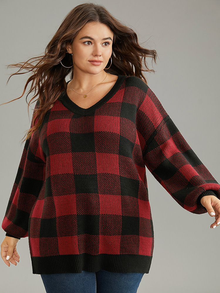 

Plus Size V Neck Plaid Elastic Cuffs Pullover Scarlet Women Casual Loose Long Sleeve V-neck Dailywear Pullovers BloomChic