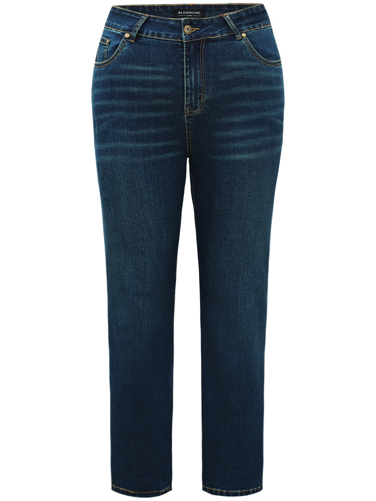 Plus Size Dark Wash Very Stretchy Straight Leg Jeans Women DarkBlue Casual Plain Plain High stretch Pocket Jeans BloomChic 28/5X 