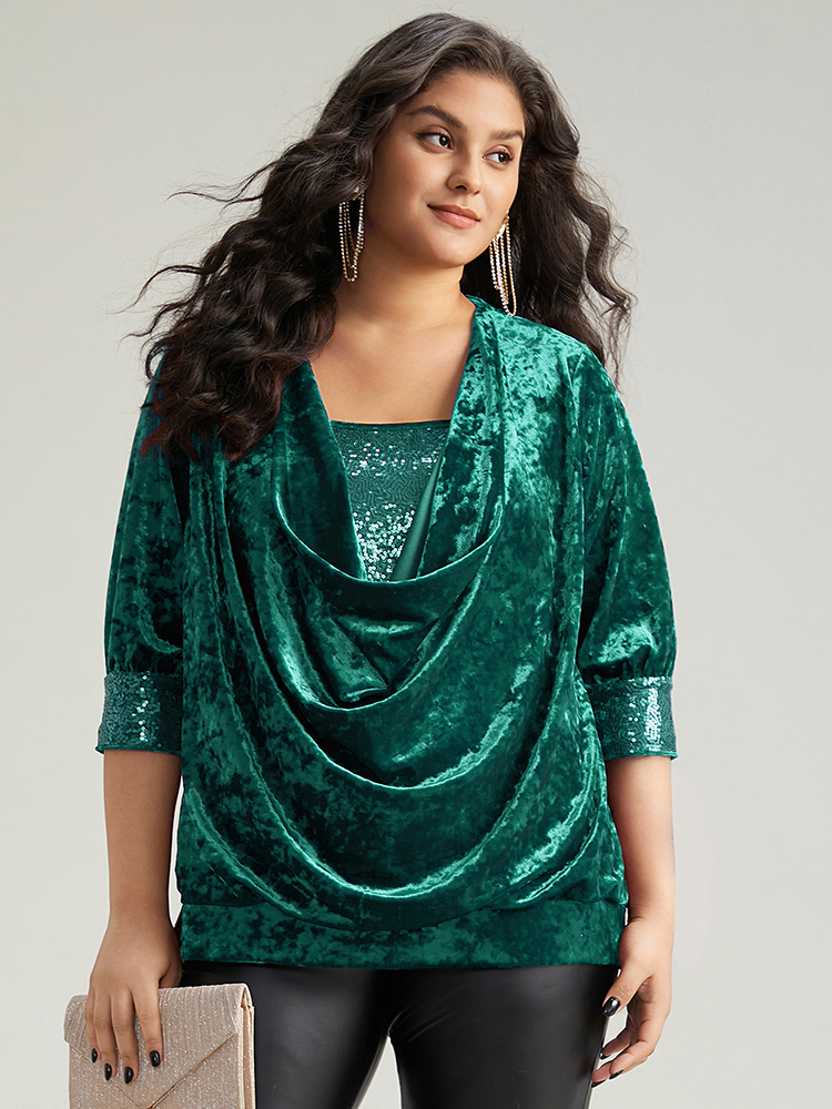 

Plus Size Emerald Cowl Neck 2-In-1 Sequin Patchwork Blouse Women Cocktail Elbow-length sleeve Cowl Neck Party Blouses BloomChic