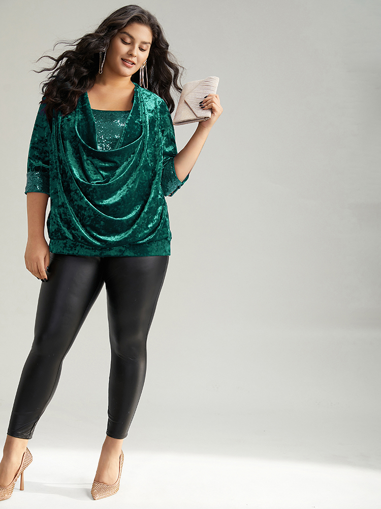 

Plus Size Emerald Cowl Neck 2-In-1 Sequin Patchwork Blouse Women Cocktail Elbow-length sleeve Cowl Neck Party Blouses BloomChic