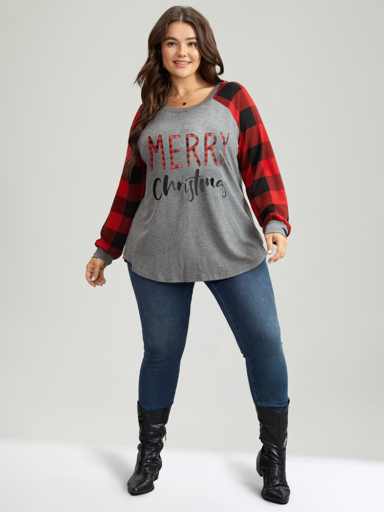 Plus Size Plaid Christmas Trees Round Neck T-shirt Multicolor Women Casual Contrast Christmas Festival-Christmas T-shirts BloomChic 28/5X 