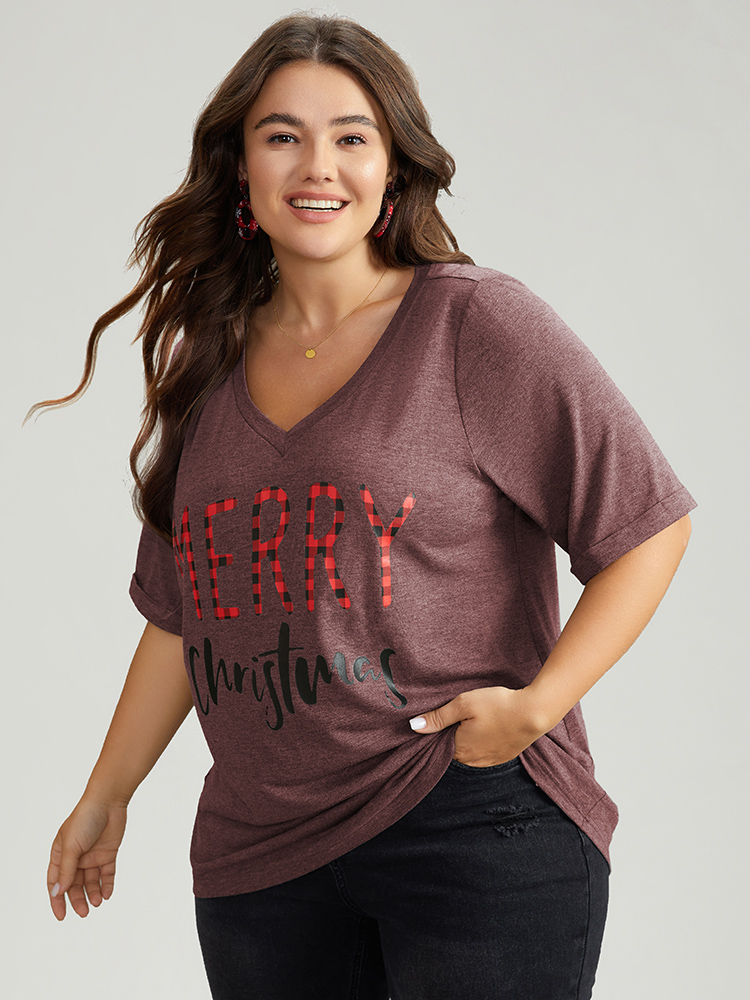Plus Size Christmas Gingham Patchwork V Neck T-shirt Raspberry Women Casual Printed Christmas Festival-Christmas T-shirts BloomChic 18-20/2X 