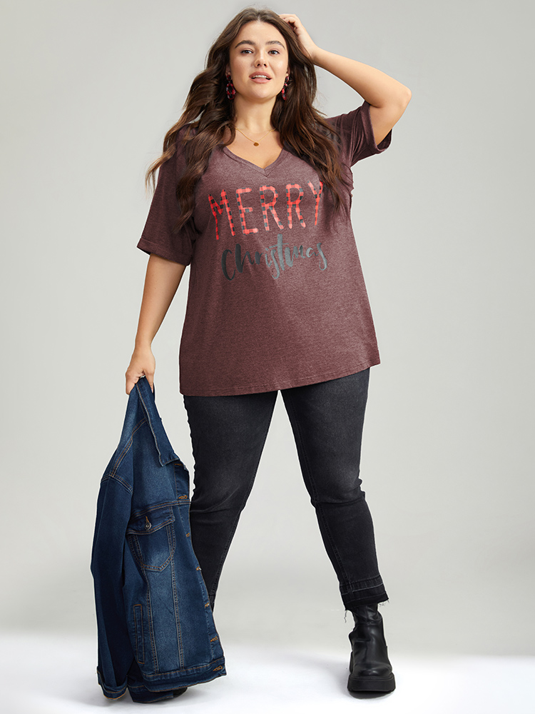 Plus Size Christmas Gingham Patchwork V Neck T-shirt Raspberry Women Casual Printed Christmas Festival-Christmas T-shirts BloomChic 18-20/2X 
