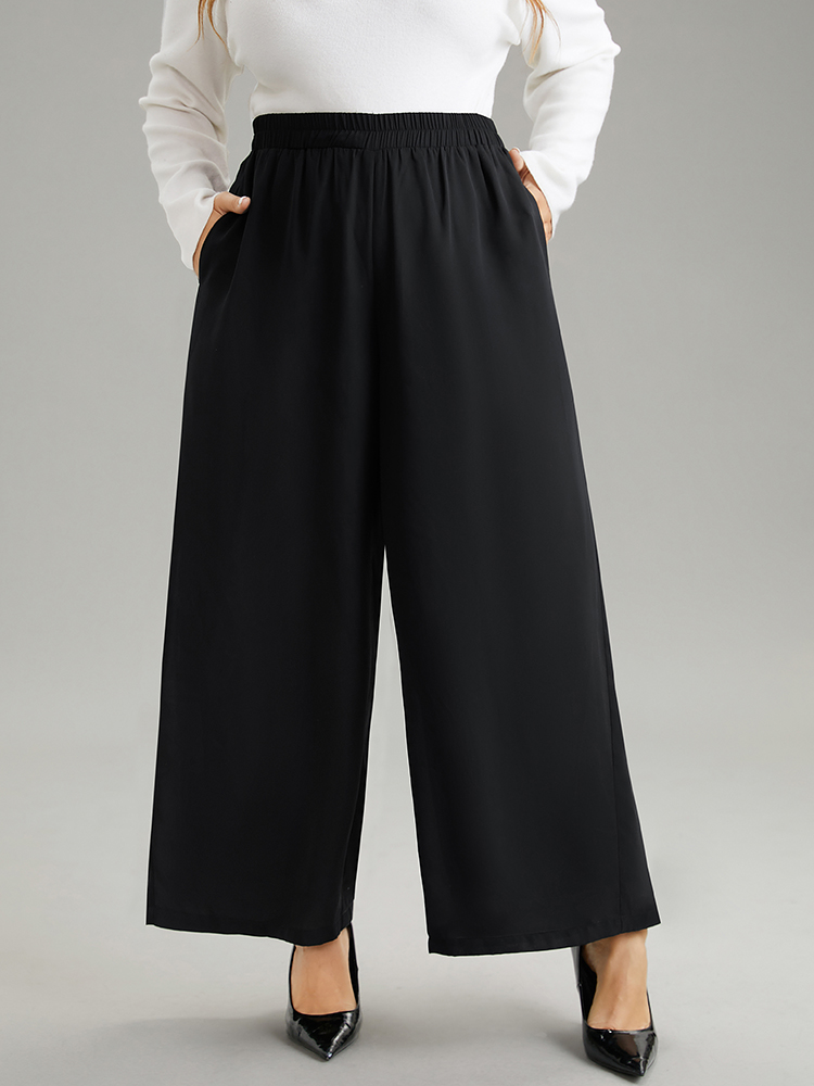 

Plus Size Solid Chiffon Elastic Waist Wide Leg Pants Women Black Elegant Wide Leg High Rise Dailywear Pants BloomChic