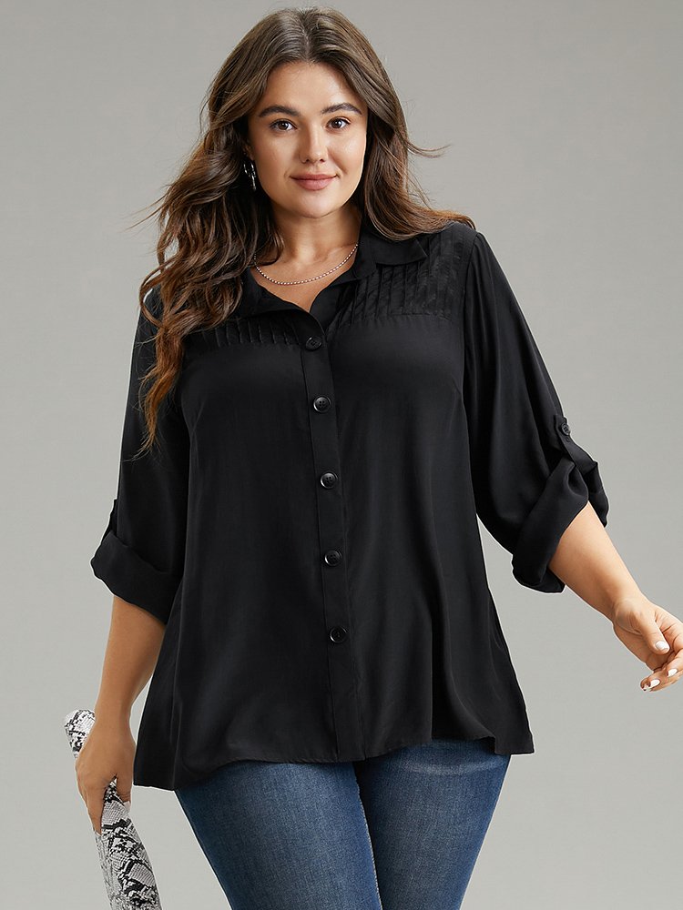 

Plus Size Black Solid Button Through Roll Tab Sleeve Blouse Women Office Long Sleeve Shirt collar Work Blouses BloomChic