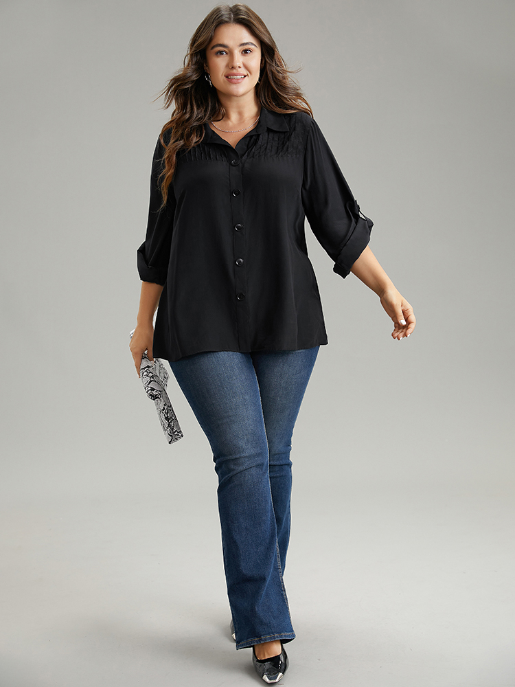 

Plus Size Black Solid Button Through Roll Tab Sleeve Blouse Women Office Long Sleeve Shirt collar Work Blouses BloomChic