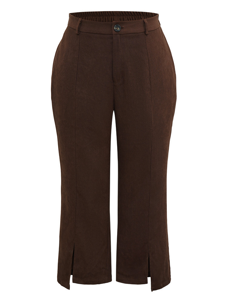 

Plus Size Corduroy Split Front Asymmetrical Hem Pants Women DarkBrown Office Bodycon High Rise Work Pants BloomChic