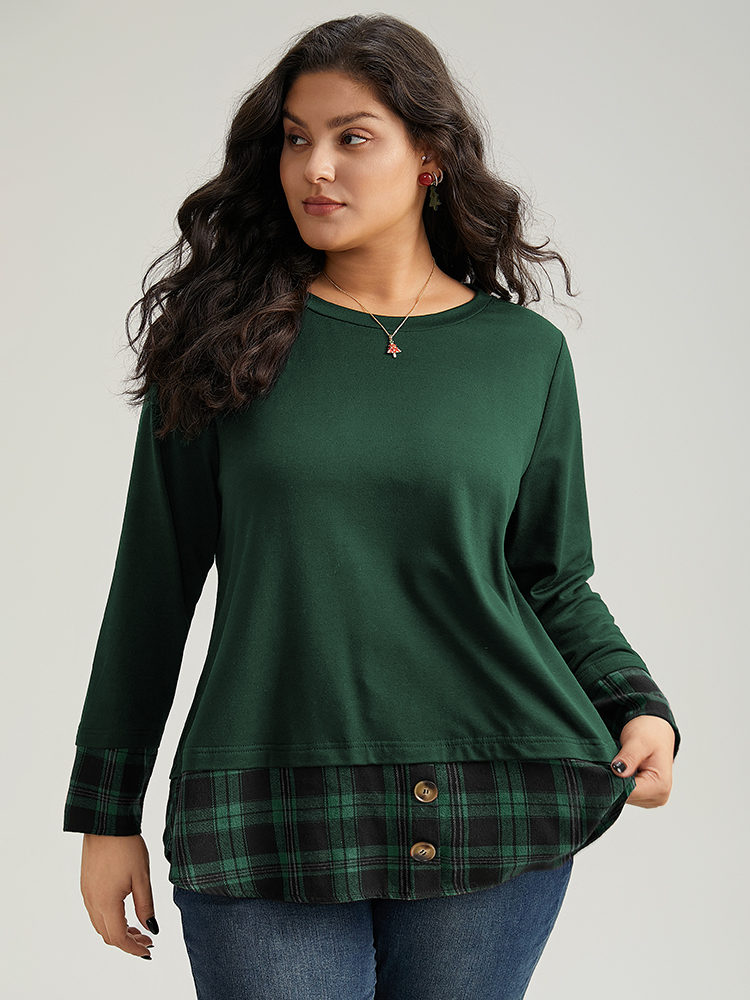Plus Size Plaid Patchwork Button Detail Curved Hem Sweatshirt Women Green Casual Contrast Round Neck Festival-Christmas Sweatshirts BloomChic 28/5X 