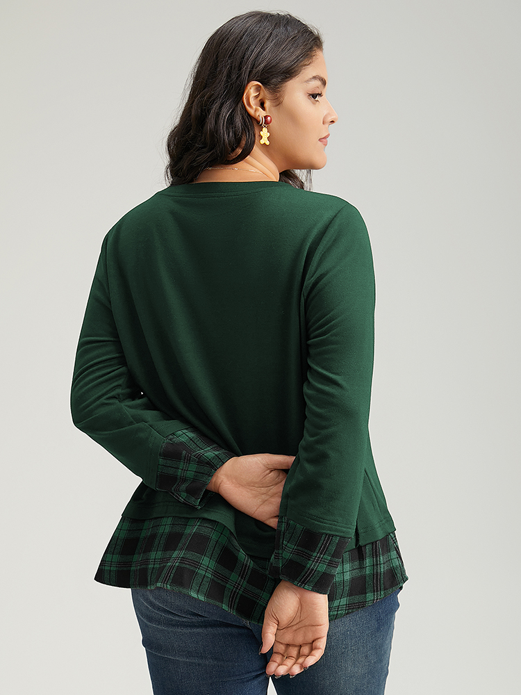 Plus Size Plaid Patchwork Button Detail Curved Hem Sweatshirt Women Green Casual Contrast Round Neck Festival-Christmas Sweatshirts BloomChic 28/5X 