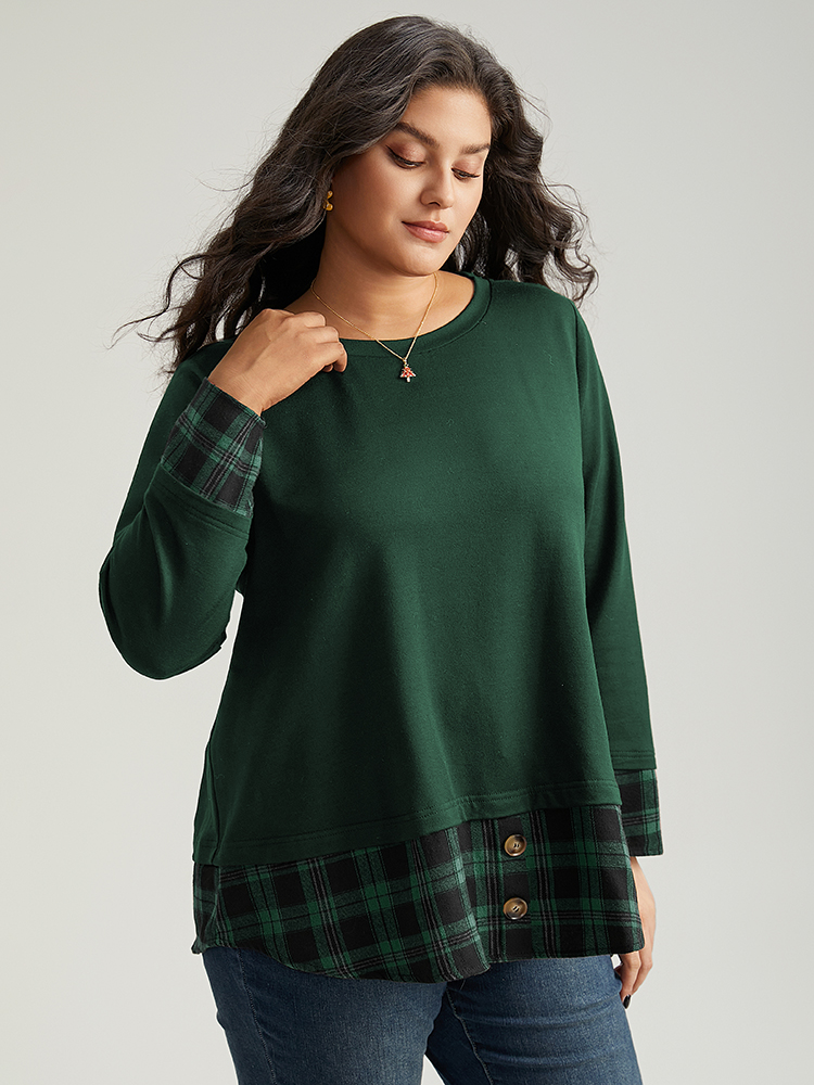 Plus Size Plaid Patchwork Button Detail Curved Hem Sweatshirt Women Green Casual Contrast Round Neck Festival-Christmas Sweatshirts BloomChic 28/5X 