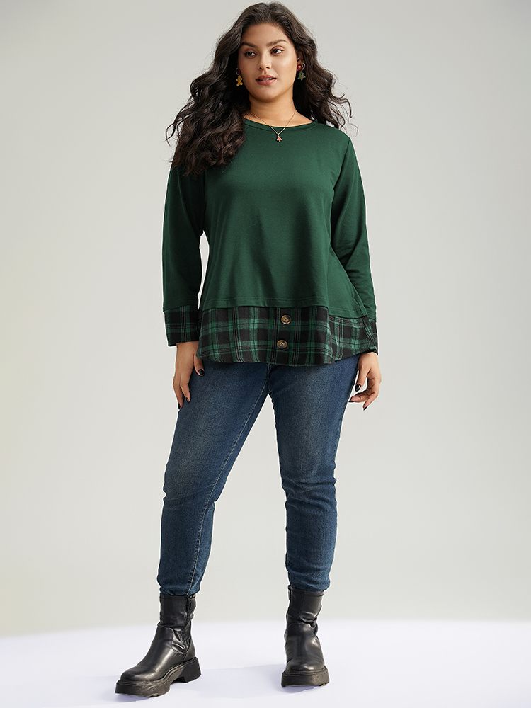 Plus Size Plaid Patchwork Button Detail Curved Hem Sweatshirt Women Green Casual Contrast Round Neck Festival-Christmas Sweatshirts BloomChic 28/5X 