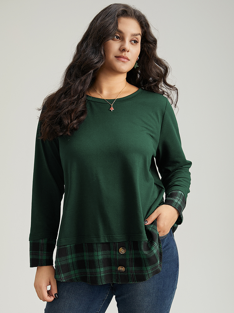 

Plus Size Plaid Patchwork Button Detail Curved Hem Sweatshirt Women Green Casual Contrast Round Neck Festival-Christmas Sweatshirts BloomChic