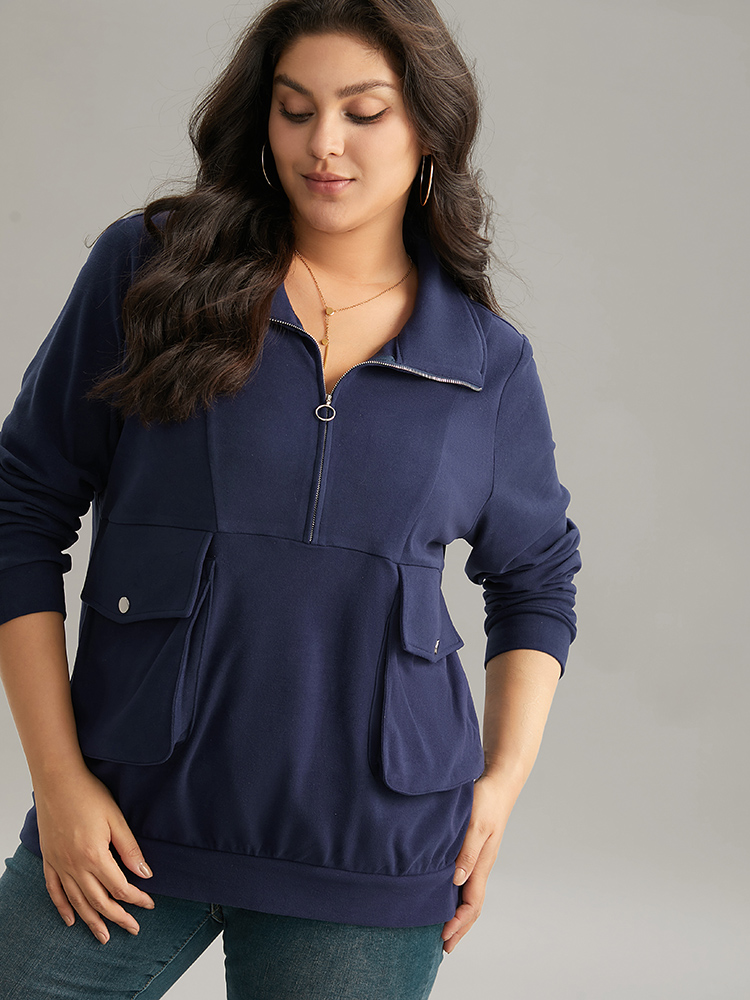 Plus Size Women Dailywear Plain Button Regular Regular Sleeve Long Sleeve Lapel Collar Pocket Casual Sweatshirts BloomChic 